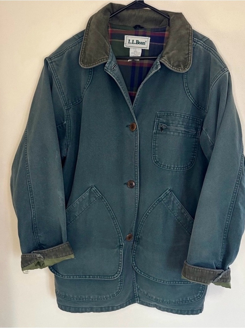 Vintage LL Bean Chore Jacket Lined Barn Field Coat Canvas Green Corduroy Plaid M